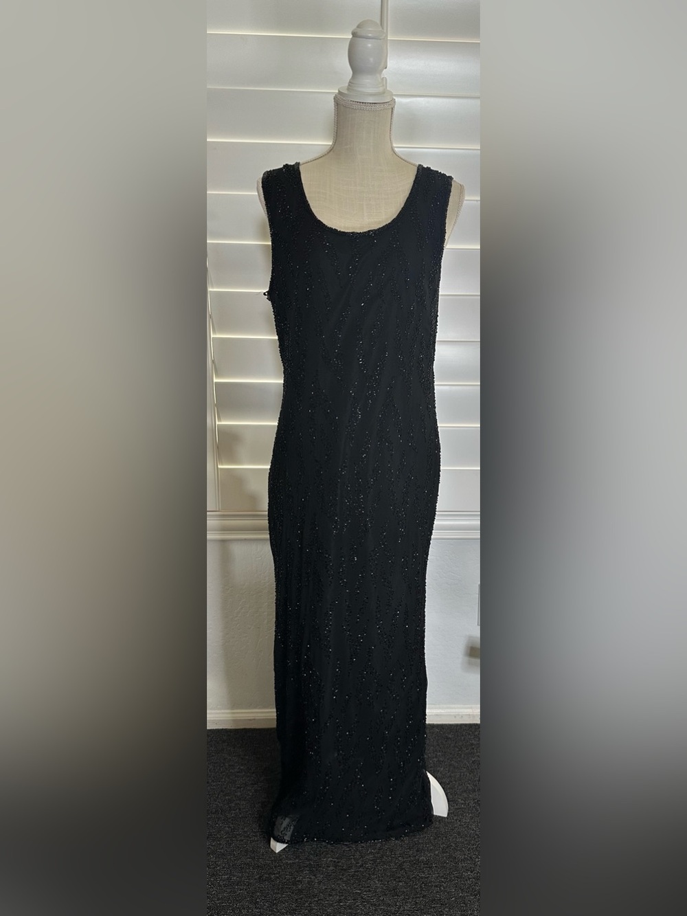 The Evening Store Black Beaded Silk Maxi Dress with zipper back, size XL Vintage